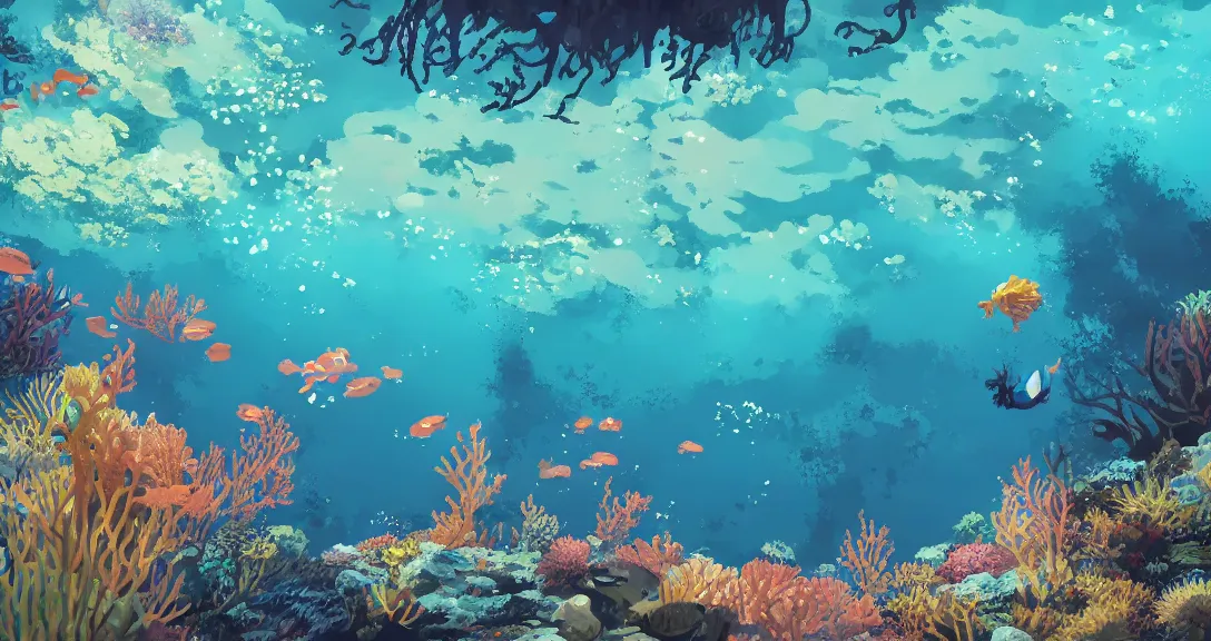 Prompt: A dark underwater scene, with a beautiful mermaid, vibrant corals, lustful vegetation, cinematic lighting, by Tatsuro Kiuchi, by studio Ghibli, 8k, wide angle, cute