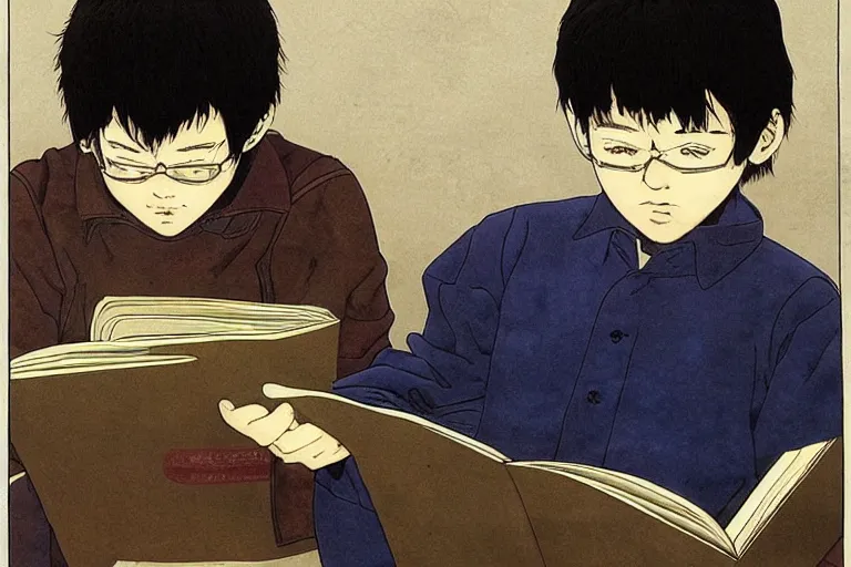Prompt: a student reading all the human knowledge made to date with papers going towards the horizon, katsuhiro otomo