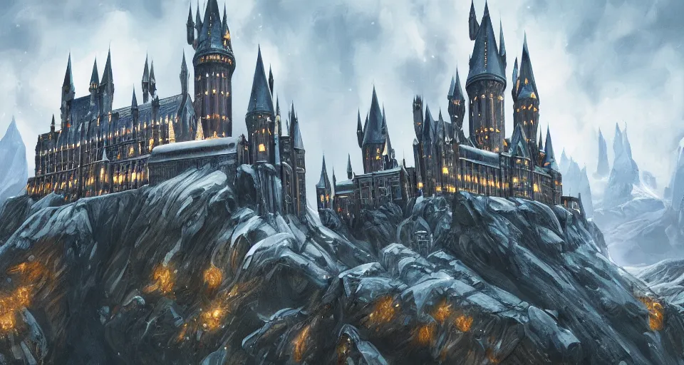 Image similar to a super detailed beautiful painting of hogwarts by shaddy safadi, 8 k, blue hue, warm lighting, cyberpunk trending on artstation