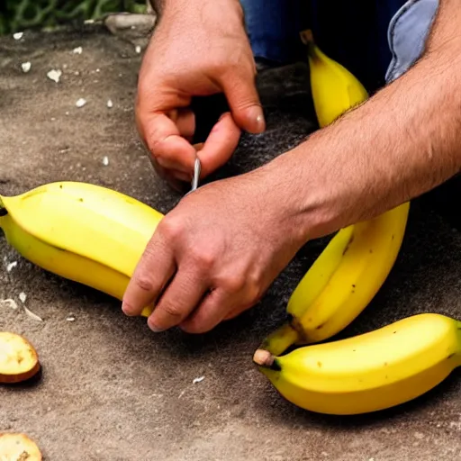 Prompt: a man peeling a banana, but it contains only wasps