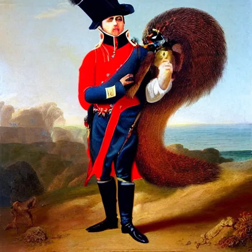 Prompt: napoleon bonaparte poses with his giant squirrel on the beach, foliage and flowers, detailed oil painting