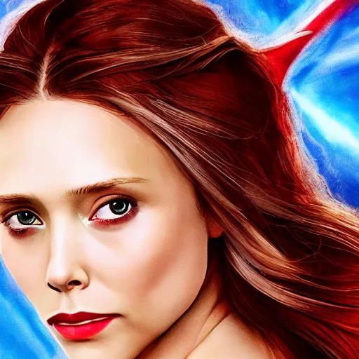 Prompt: Elizabeth Olsen as Scarlet Witch, head and shoulders portrait, extremely detailed masterpiece, one single continues line.