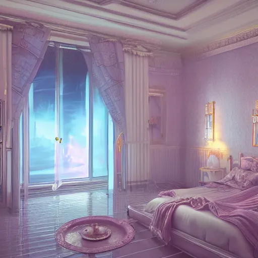 Image similar to vaporwave bedroom, beautiful detail, mansion, liminal space, high detail, rendered in unreal engine, 3d render, god rays, volumetric lighting, mansion, interior, large windows, vegetation