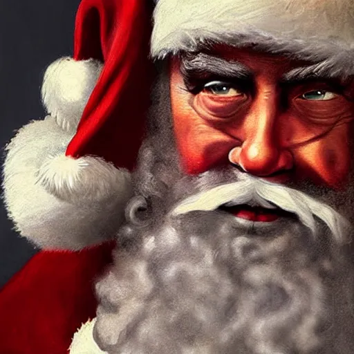 Image similar to an ultra - realistic portrait painting of santa claus in the style of frank frazetta. 4 k. ultra - realistic. highly detailed. dark fantasy. epic lighting.