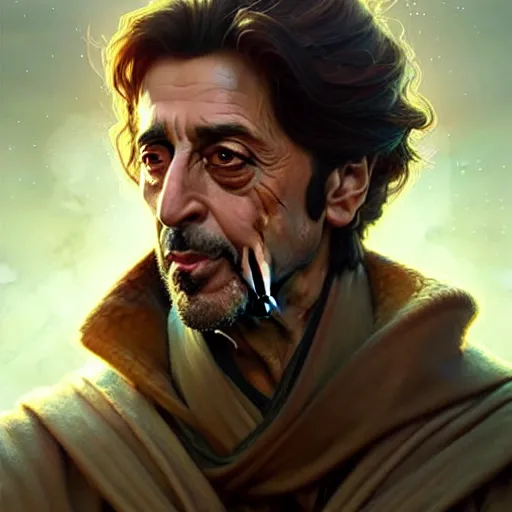 Image similar to Al Pacino , D&D, fantasy, intricate, elegant, highly detailed, digital painting, artstation, concept art, matte, illustration, hearthstone, art by Artgerm and Greg Rutkowski and Alphonse Mucha, Simon Stalenhag, hyperreal