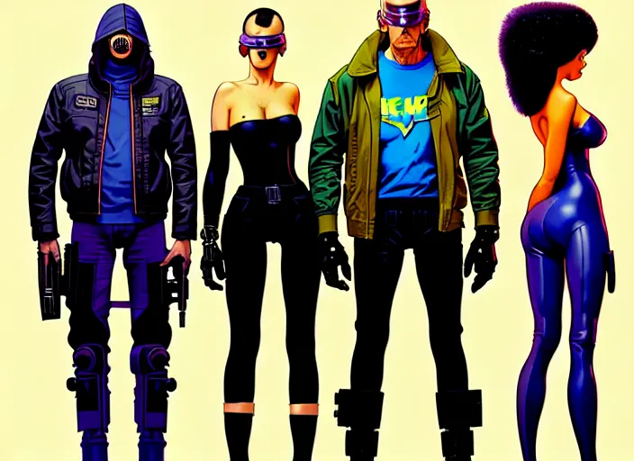 Image similar to cyberpunk heist crew. portrait by stonehouse and mœbius and will eisner and gil elvgren and pixar. character design. realistic proportions. cyberpunk 2 0 7 7 character art, blade runner 2 0 4 9 concept art. cel shading. attractive face. thick lines. the team. diverse characters. artstationhq.