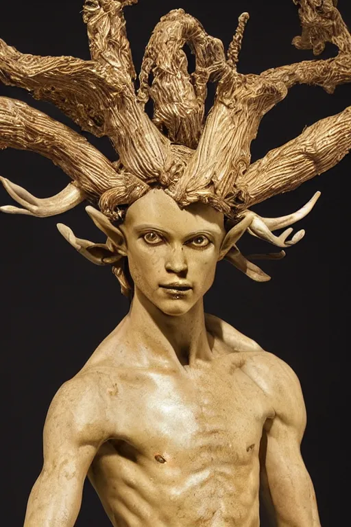 Image similar to a cinematic view of a ornated intricate mystic faun statue made by hedi xandt, chris haas and bernini, realistic, macabre art, covering his hip with a wrapped black old fabric veil, using few gold ornaments detailed image, volummetric light