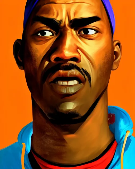 Image similar to painting portrait of cj from gta san andreas, cartoon, warm lighting. movie poster, illustration by bartek fedyczak, erak note, tooth wu, neil richards, kan liu, siwoo kim, jisu choe, trending on art station