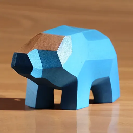 Prompt: a beautiful minimalist curvy shaped small sculpture of hippopotamus hippo baby, wood and blue epoxy, cubic blocks mix stripes cuts, detailed, fine, gorgeous