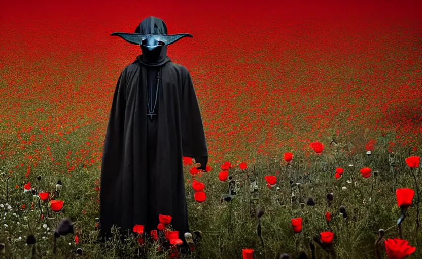 Image similar to an extremely disturbing horror photograph of a plague doctor in a field of opium poppies, hyperrealism, sharp focus, highly detailed, horror cgi 4 k, matte, octane render, cinematography, photo by professional photographer