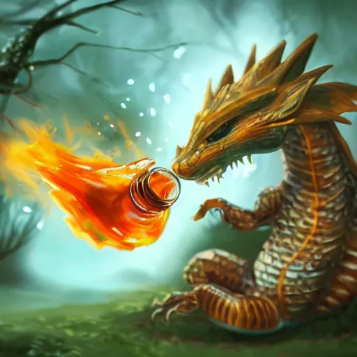 Prompt: image of a little cute dragon in a fantasy forest spitting honey instead of fire, digital art, trending on artstation