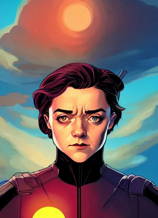 Prompt: Rafeal Albuquerque comic art, Joshua Middleton comic art, cinematics lighting, sunset colors, pretty female Maisie Williams Domino Marvel comics and X-Men black paint spot left eye, big smirk, symmetrical face, symmetrical eyes, lblsck hair, with white streak in hair, full body, flying in the air, sunset