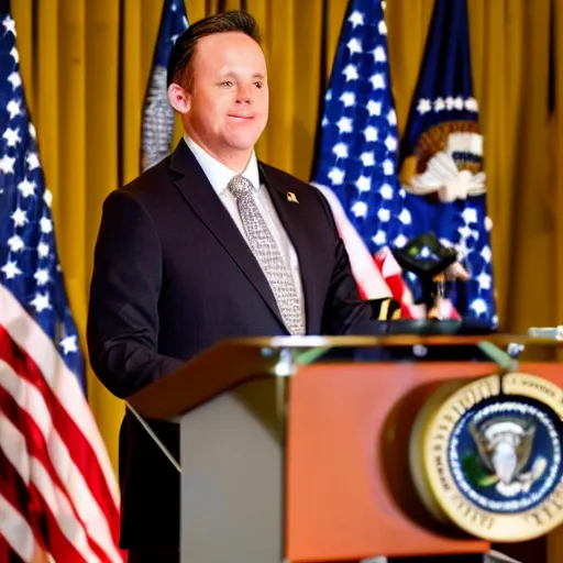 Image similar to a fox animal dressed in a suit giving a presidential press conference, 8 5 mm f / 1. 4