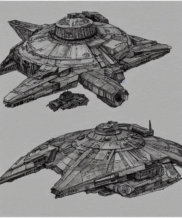 Prompt: the golden age of American illustration archive gesture drawings color pen and ink and pencil sketch vehicle concept design game asset of sketches watercolor of a star wars style spaceship Millennium Falcon by Stanley Artgerm Lau, WLOP, Rossdraws, James Jean, Andrei Riabovitchev, Marc Simonetti, and Sakimichan, tranding on artstation , assets, character design, tending on pinterest, trending on cgtalk, trending on concept art, trending on vehicle design