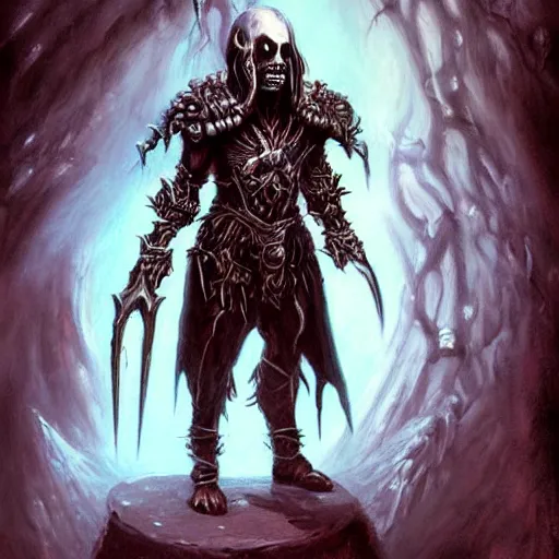 Prompt: a hyper realistic oil painting of a necromancer from diablo, dark fantasy, horror, retro fantasy