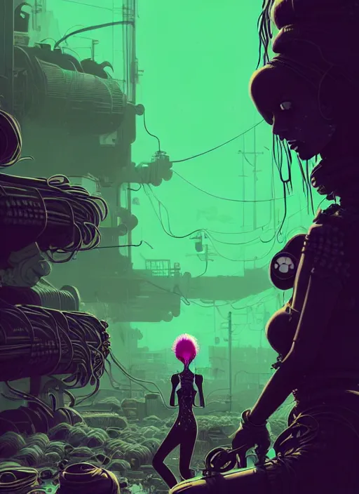 Image similar to highly detailed portrait of an moody wasteland punk long dripping green poison hair tribal lady, stray wiring by atey ghailan, james gilleard, by joe fenton, by greg rutkowski, by greg tocchini, by kaethe butcher, 4 k resolution, gradient purple, brown black and white color scheme!!! ( ( green flaming robotic sewer background ) )