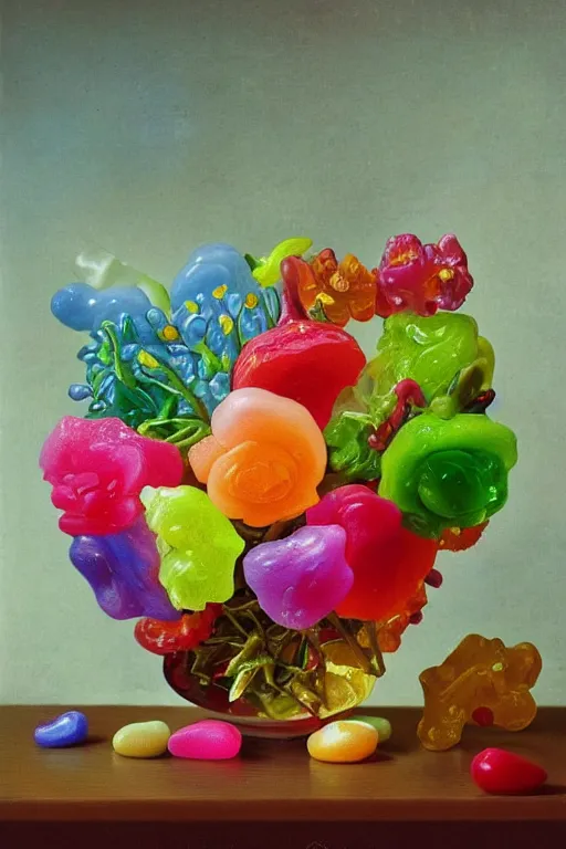 Prompt: painting of gummy flowers in a vase on a table, a surrealist painting by rachel ruysch, trending on deviantart, pop surrealism, surrealist, biomorphic, made of gummy bears flowers and jelly beans flowers, translucent gummy glowing texture