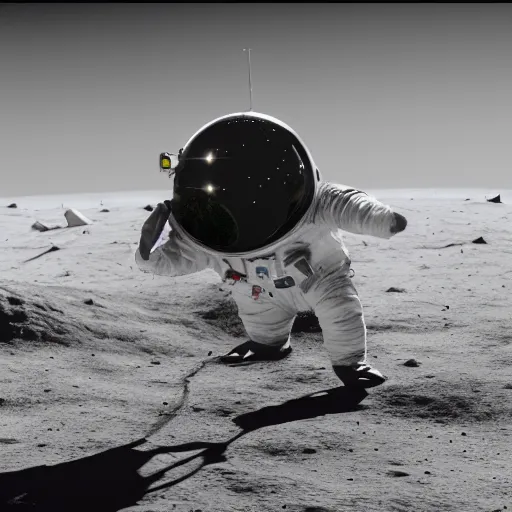 Prompt: penguin wearing spacesuit helmet, standing next to the Apollo lunar lander module, on the lunar surface. Octane render, 8k, 35mm film