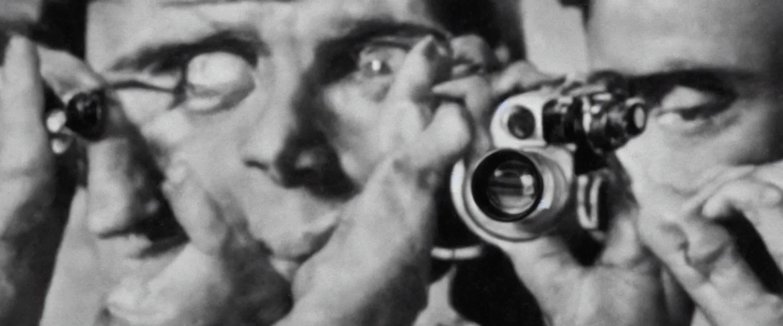 Image similar to detailed sharp portrait photograph in the style of popular science circa 1 9 5 5 of a young man in close up looking directly at lens through binoculars