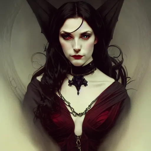 Image similar to elegant victorian vampire, portrait, intricate, elegant, gothic, sensuel, highly detailed, digital painting, artstation, concept art, rough, sharp focus, illustration, art by artgerm and greg rutkowski and alphonse mucha