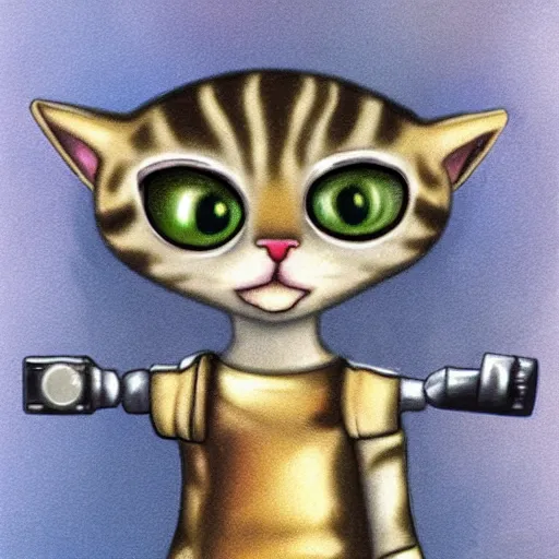 Image similar to kitten with gold eye and cyborg arm