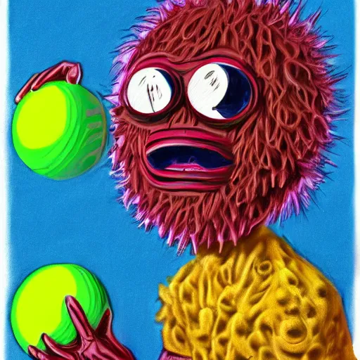 Image similar to a Paris Hilton tennis ball monster, tennis ball, chalk, digital art, fantasy, magic, trending on artstation, ultra detailed, professional illustration by Basil Gogos