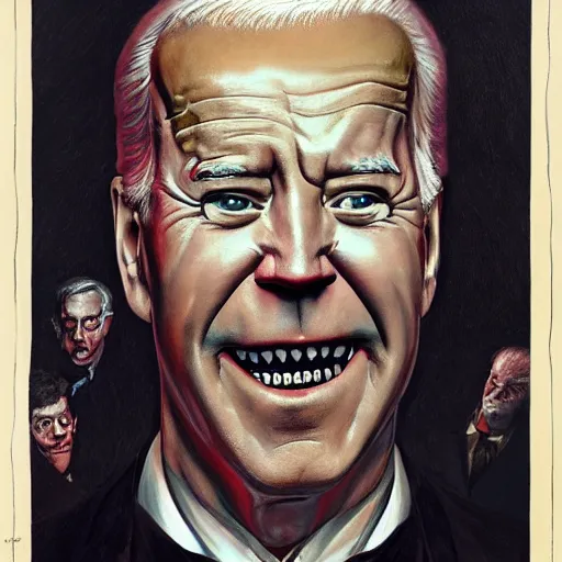 Image similar to terrifying, surreal portrait of joe biden with face sloughing off to reveal robot underneath l by j. c. leyendecker, bosch, william blake, stephen gammell, jon mcnaughton, and beksinski