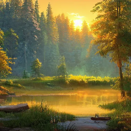 Image similar to a masterpiece detailed beautiful landscape of russian village, trees, lake, mountains, golden hour, sunset, by Makoto Shinkai and Ivan Shishkin