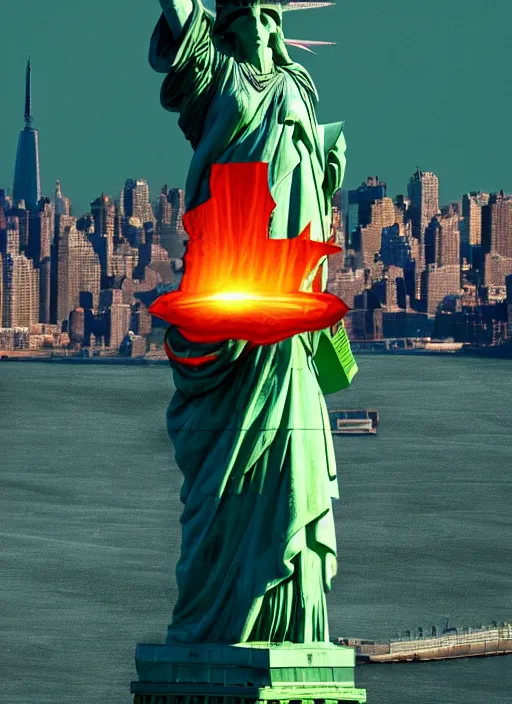 Image similar to red version of the statue of liberty holding a green torch with new york in the backround, new york, hd, statue of liberty, daytime, 4 k, octane render, ultra detail