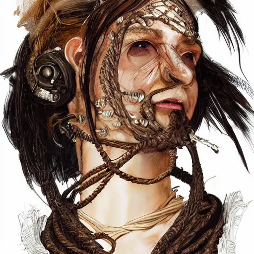 Image similar to portrait of a Shibari rope wrapped face and neck, headshot, insanely nice professional hair style, dramatic hair color, digital painting, of a old 15th century, old cyborg merchant, amber jewels, baroque, ornate clothing, scifi, realistic, hyperdetailed, chiaroscuro, concept art, art by Franz Hals and Jon Foster and Ayami Kojima and Amano and Karol Bak,