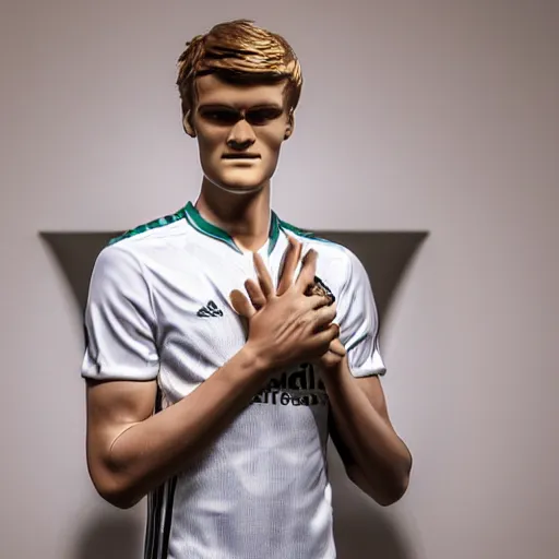 Image similar to a realistic detailed photo of a guy who is an attractive humanoid who is half robot and half humanoid, who is a male android, soccer player martin ødegaard, shiny skin, posing like a statue, blank stare, in a living room, on display