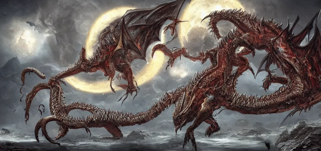 Prompt: concept art of dragon attack, lovecraftian, lots of teeth, melting horror, feathers, round moon, rich clouds, fighting the horrors of the unknown with laser guns, high resolution, detailed