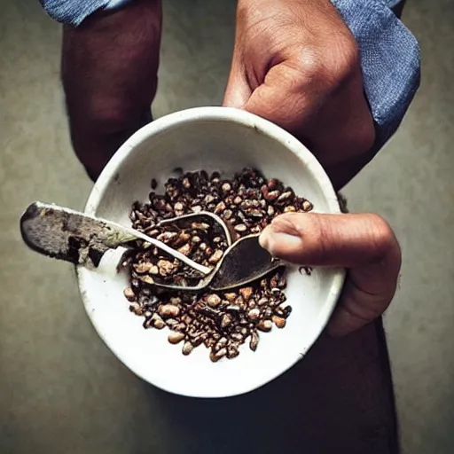 Prompt: “ a stern businessman eating a bowl of rusty nails. ”