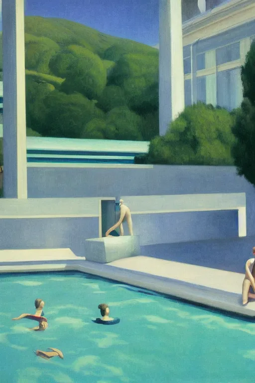 Image similar to liminal vaporwave summer swimming pool surrealism, painted by Edward Hopper, airbrush