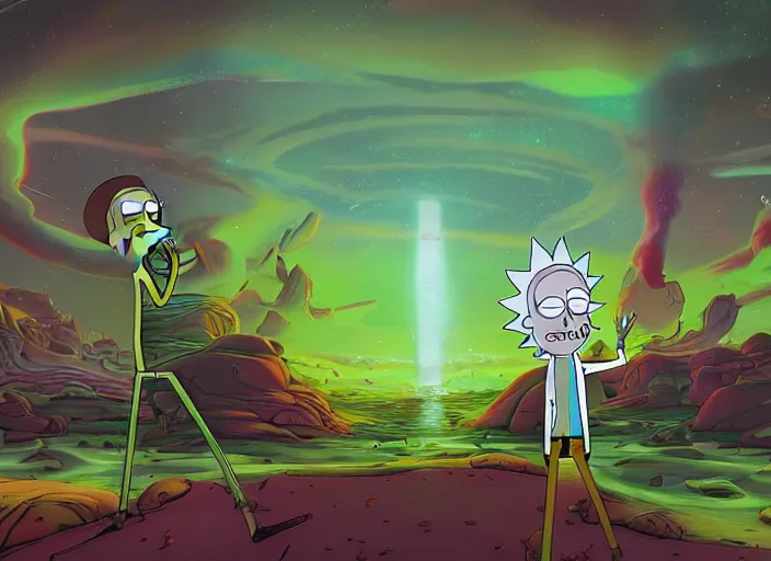 Prompt: Rick and Morty, rendered in a surreal dream landscape, cinematic lighting, 4k detailed art H 704