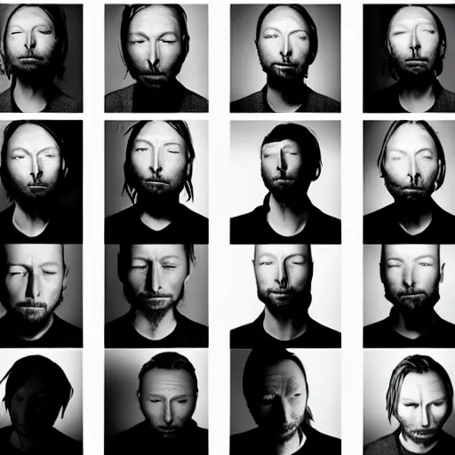 Prompt: versions of variations, hyper realistic, many variations of thom yorke, face variations, various emotions, various poses, high quality, intricate details, beautiful lighting