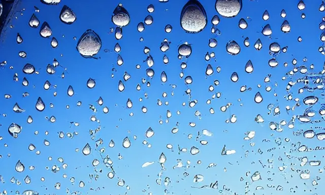 Prompt: beautiful picture of a sunny blue sky with a magical vertical cylindrical tunnel of big upside-down raindrops floating quietly