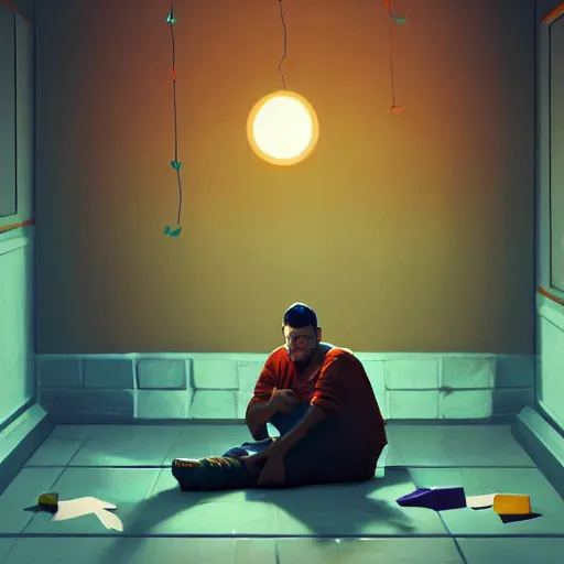 Prompt: a sad man sitting in a room bound by colorful construction paper chains, dramatic lighting, cinematic, establishing shot, extremely high detail, photo realistic, cinematic lighting, post processed, concept art, artstation, matte painting, style by eddie mendoza, raphael lacoste, alex ross