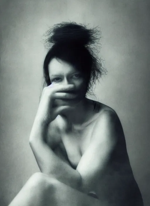 Prompt: portrait of a woman with melancholy and mystery, by paolo roversi, award - winning photography, concept art