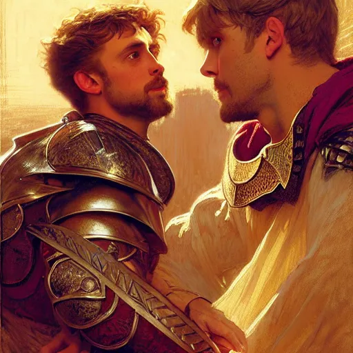 Image similar to attractive arthur pendragon and his attractive male knight, they are in love, natural lighting, path traced, highly detailed, high quality, digital painting, by gaston bussiere, craig mullins, alphonse mucha j. c. leyendecker