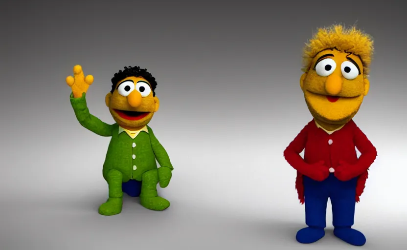 Image similar to 3 d render of bert from sesame street in a smoking suit