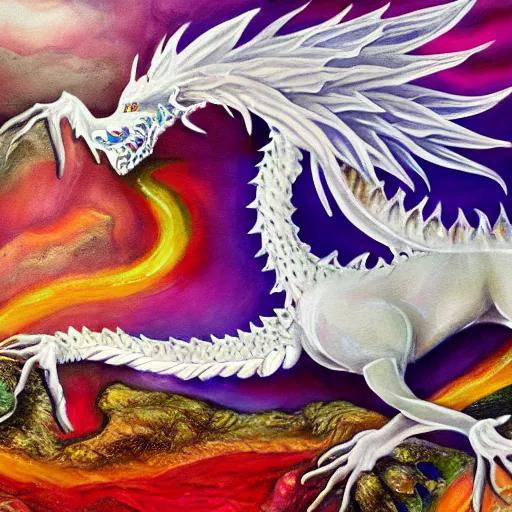 Image similar to highly detailed oil painting of a white dragon sitting in a colorful hotspring