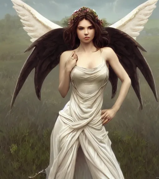 Prompt: angel, full dress, full body portrait, gentle, female, ruins landscape, d & d, fantasy, intricate, elegant, highly detailed, digital painting, white gold color palette, artstation, octane render, concept art, matte, sharp focus, illustration, hearthstone, art by artgerm and greg rutkowski and alphonse mucha