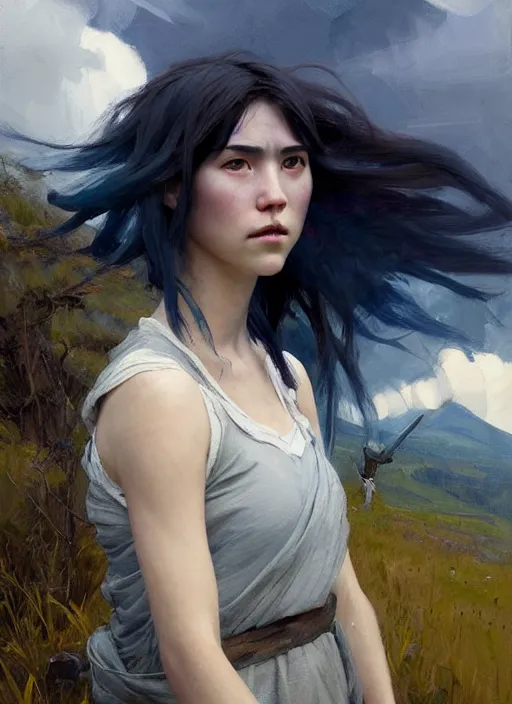 Image similar to portrait of Princess Mononoke, countryside near forest, calm, fantasy character portrait, dynamic pose, above view, sunny day, thunder clouds in the sky, artwork by Jeremy Lipkin and Giuseppe Dangelico Pino and Michael Garmash and Rob Rey, very coherent asymmetrical artwork, sharp edges, perfect face, simple form, 100mm