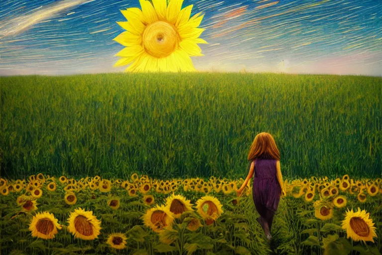 Image similar to huge sunflower head, girl walking in wheat field, hills, surreal photography, dark night, star trails, dramatic light, impressionist painting, clouds, digital painting, artstation, simon stalenhag