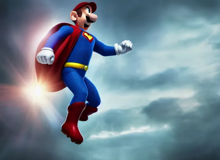 Prompt: photo body portrait of super mario! as superman in man of steel!, movie still, cinematic lighting, ray tracing, octane render, long lens, shallow depth of field, bokeh, anamorphic lens flare, 8 k, hyper detailed, 3 5 mm film grain
