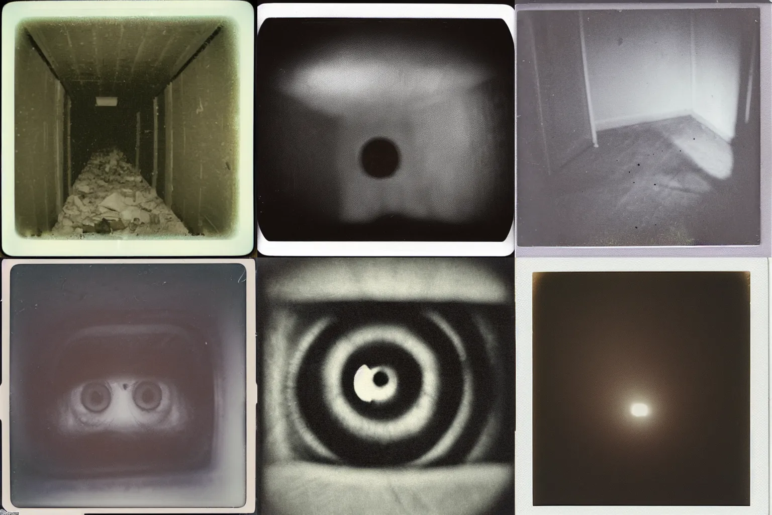 Prompt: an eerie polaroid photograph of eyes looking back from inside the crawlspace,, nighttime, dimly lit, creepy