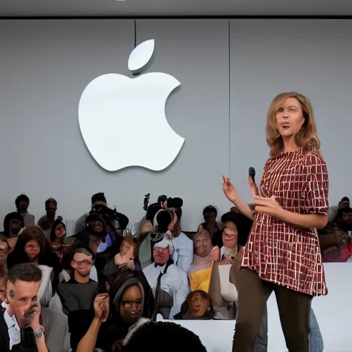 Image similar to photograph of a female mark zuckerberg giving a keynote speech on apple park