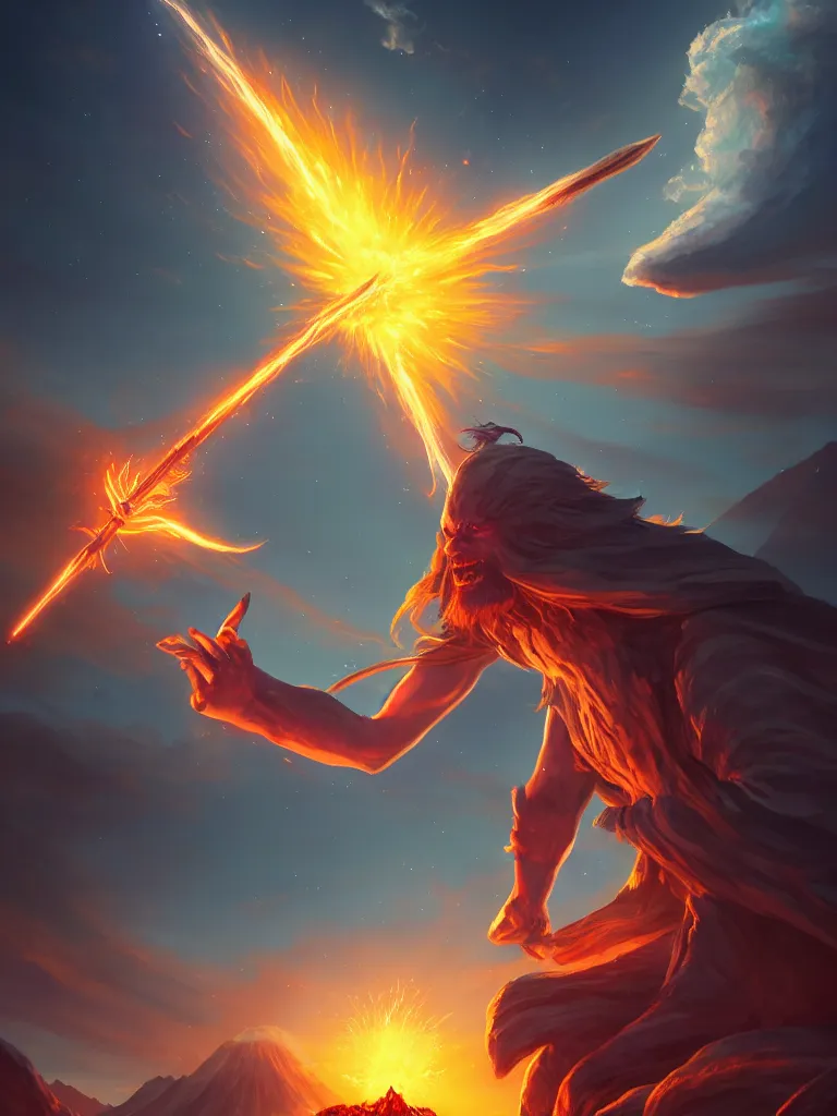 Image similar to levitating wizard wielding a spear opening a shining portal pulsating in the night sky, horizon of an erupting volcano, digital painting, cgsociety, artstation, highly detailed, cinematic lighting