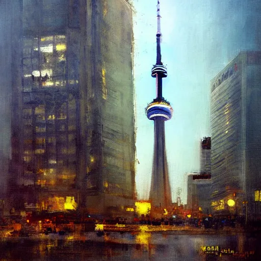 Prompt: toronto cn tower painting by jeremy mann